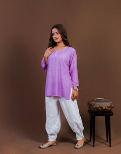 Purple Muslin Chikankari Short Kurti with Full Jaal Work