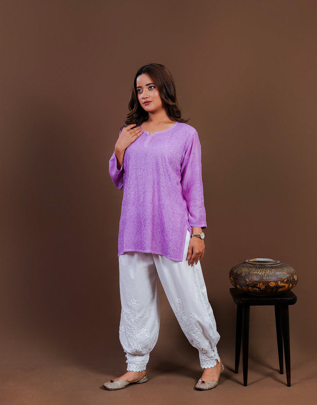 Urviya Chikankari Muslin Short Kurti - Silk Thread Full Jaal Work Purple
