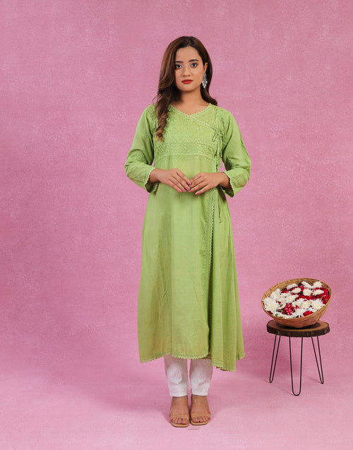 Urviya Chikankari Dobbie Cotton Long Kurti Angarkha Style Green