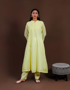 Yellow Kota Doria Side Button Long Kurti
