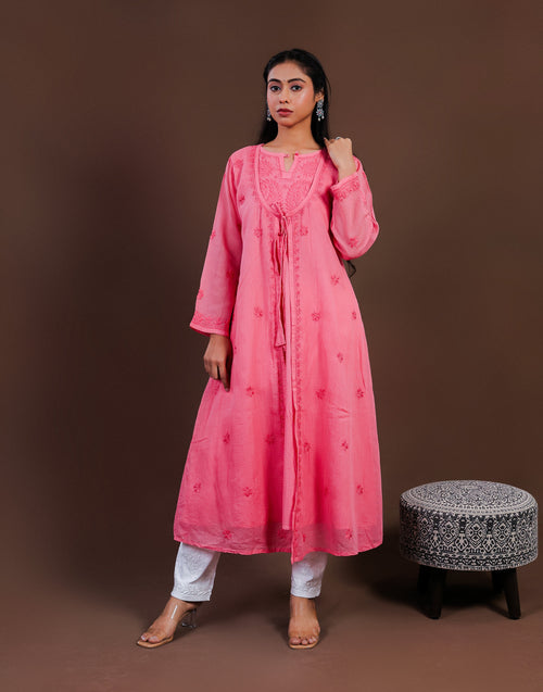 Urviya Chikankari Kota Doria Long Kurti - Shrug Style Pink