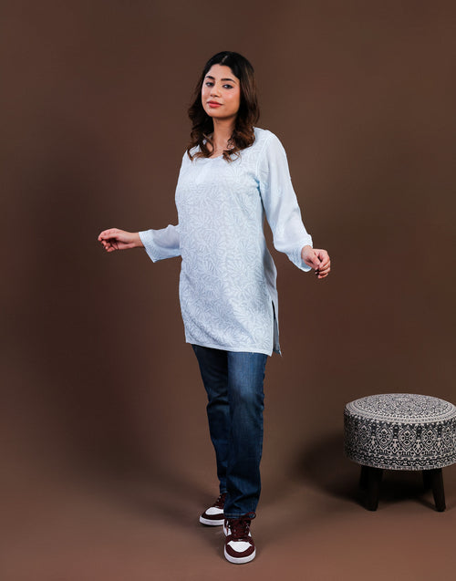 Urviya Chikankari Muslin Short Kurti - Silk Thread Full Jaal Work Light Blue