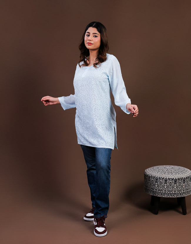 Urviya Chikankari Muslin Short Kurti - Silk Thread Full Jaal Work Light Blue