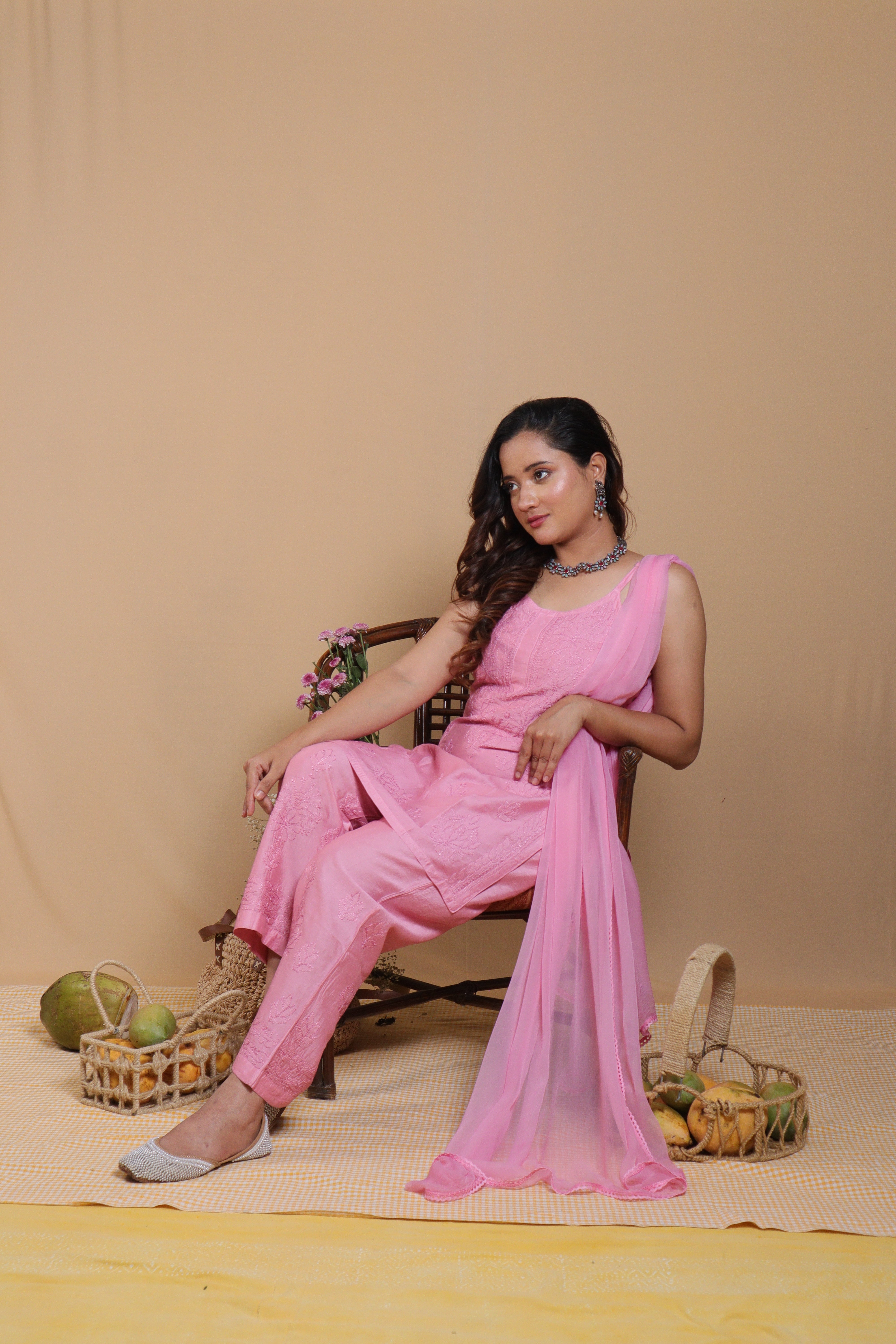Pink Chanderi Spaghetti Bakhiya 3 Piece Set