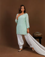 Urviya Chikankari Muslin Short Kurti - Silk Thread Full Jaal Work Sea Green