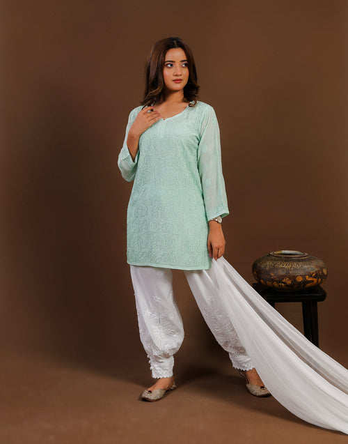 Urviya Chikankari Muslin Short Kurti - Silk Thread Full Jaal Work Sea Green
