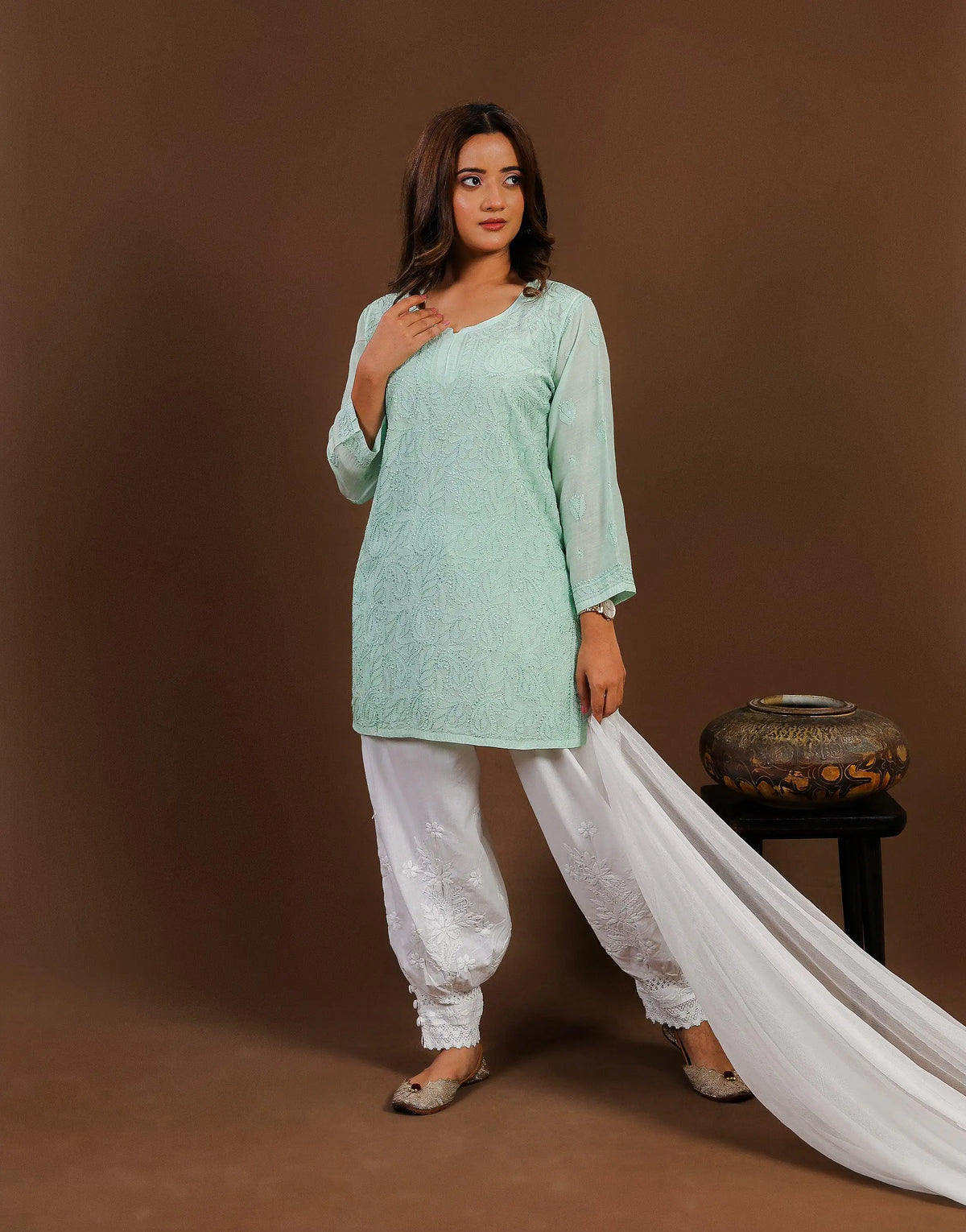 Sea Blue Muslin Chikankari Short Kurti with Full Jaal Work Sea Blue Muslin Chikankari Short Kurti with Full Jaal Work 