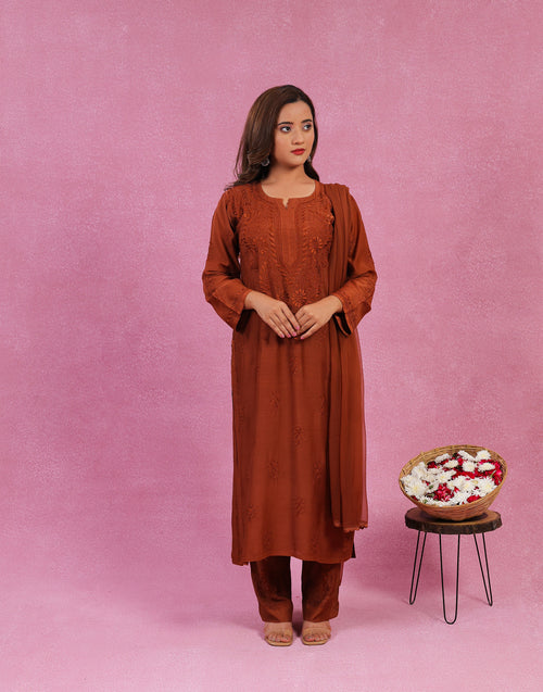 Urviya Chikankari Muslin 3 piece set - Bakhiya Ghaaspatti Work and Gala Boota Brick Red