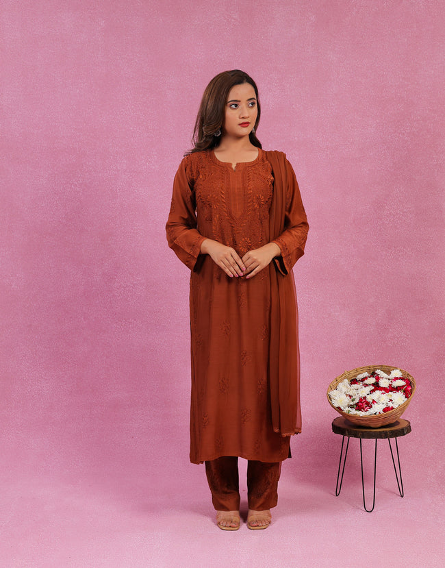 Urviya Chikankari Muslin 3 piece set - Bakhiya Ghaaspatti Work and Gala Boota Brick Red