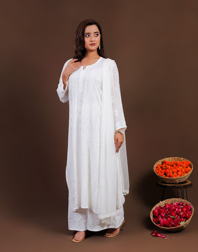 Urviya Chikankari Georgette 3 Piece set with Mukaish Work White