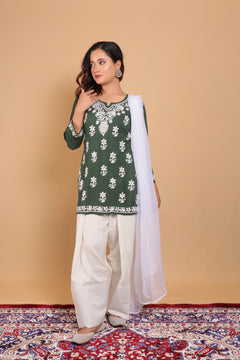 Dark Green Modal Short Kurta Gala Boota 3 Piece Set