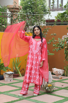 Peach Chanderi White Thread Ghaaspatti 3 Piece Set