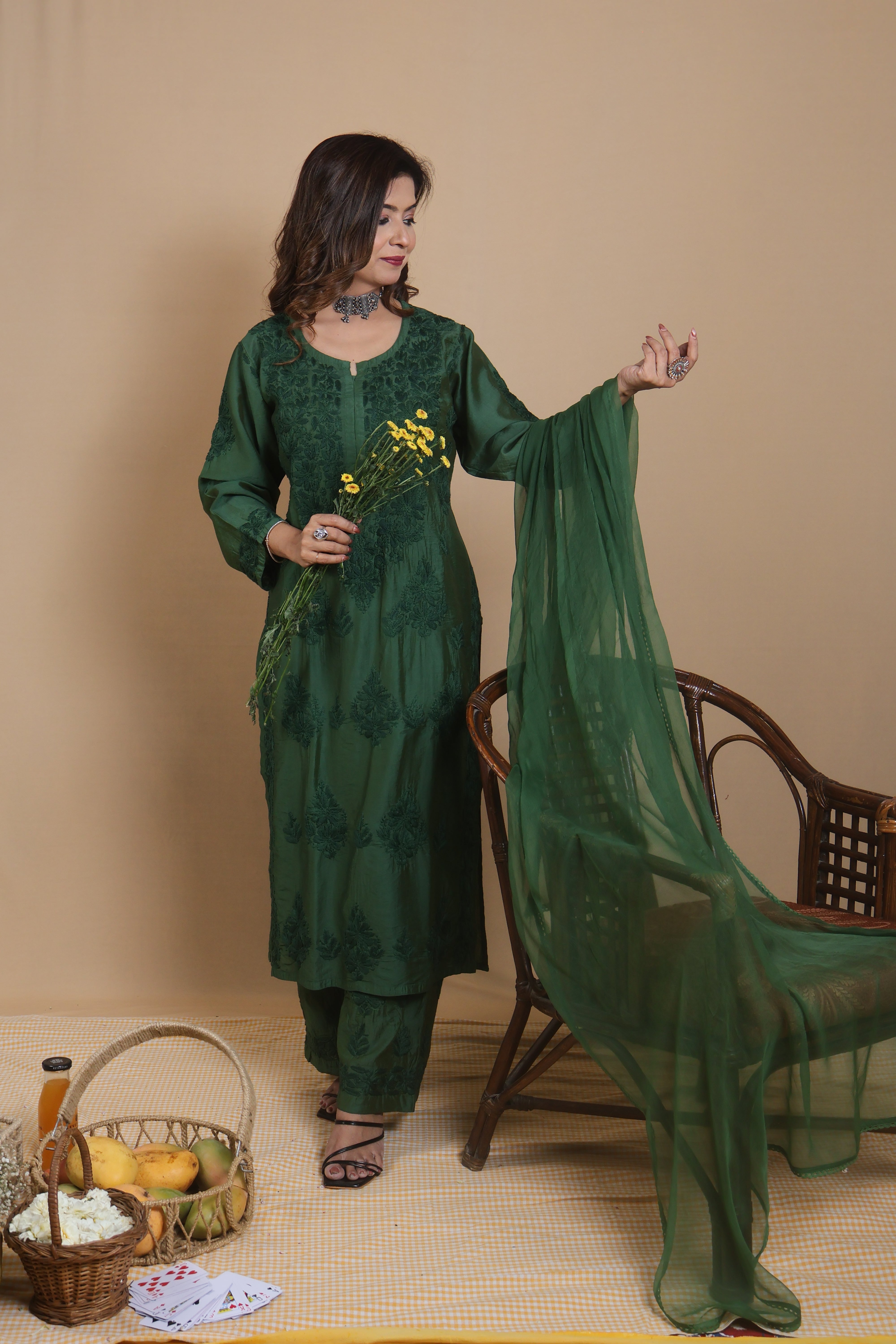 Green Chanderi Ghaspatti 3 Piece Set