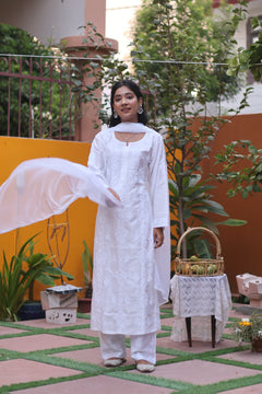 White Chanderi White Thread Ghaaspatti 3 Piece Set