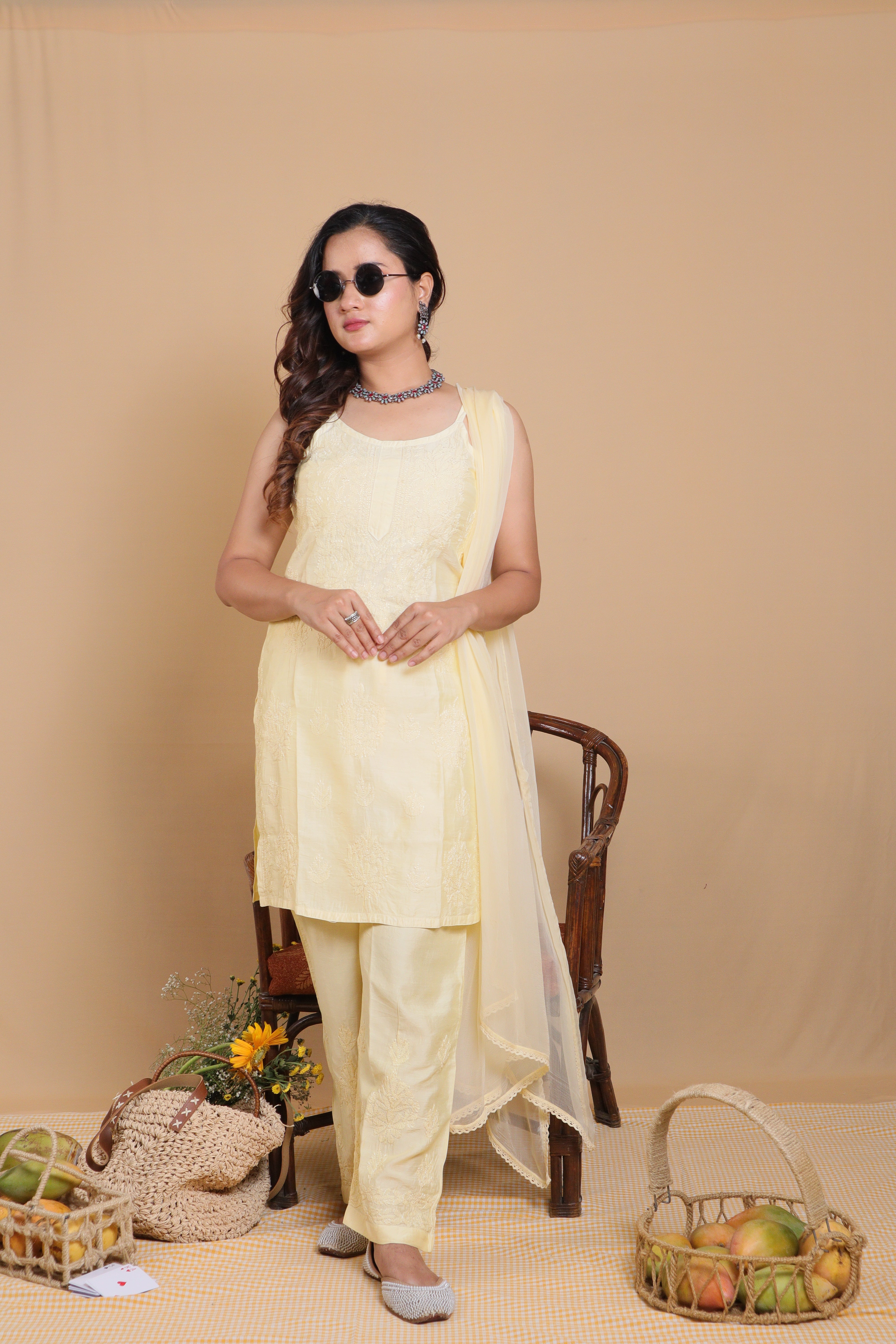 Yellow Chanderi Spaghetti Bakhiya 3 Piece Set