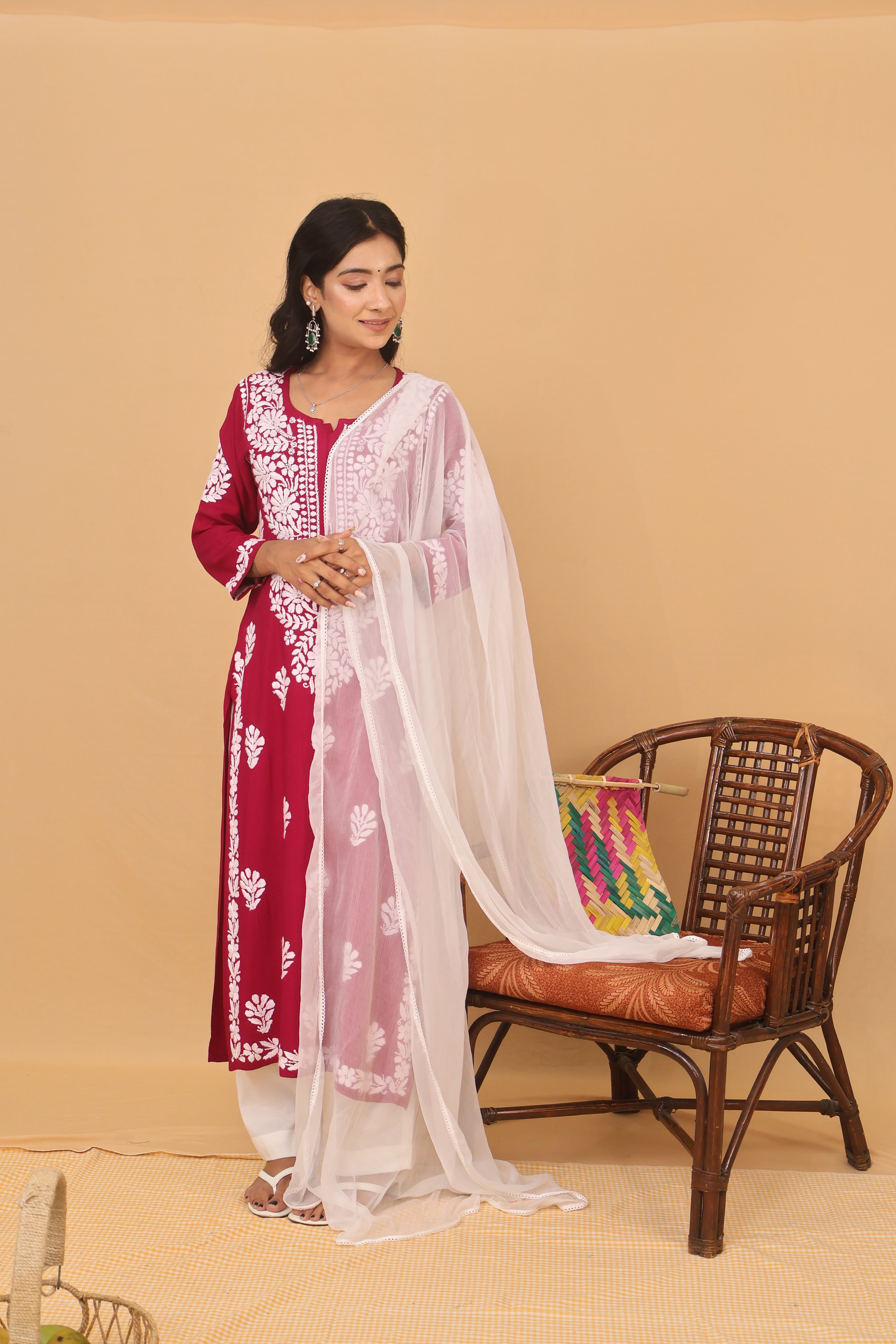 Wine Rayon White Long Kurti 3 Piece Set