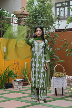 Green Chanderi White Thread Ghaaspatti 3 Piece Set