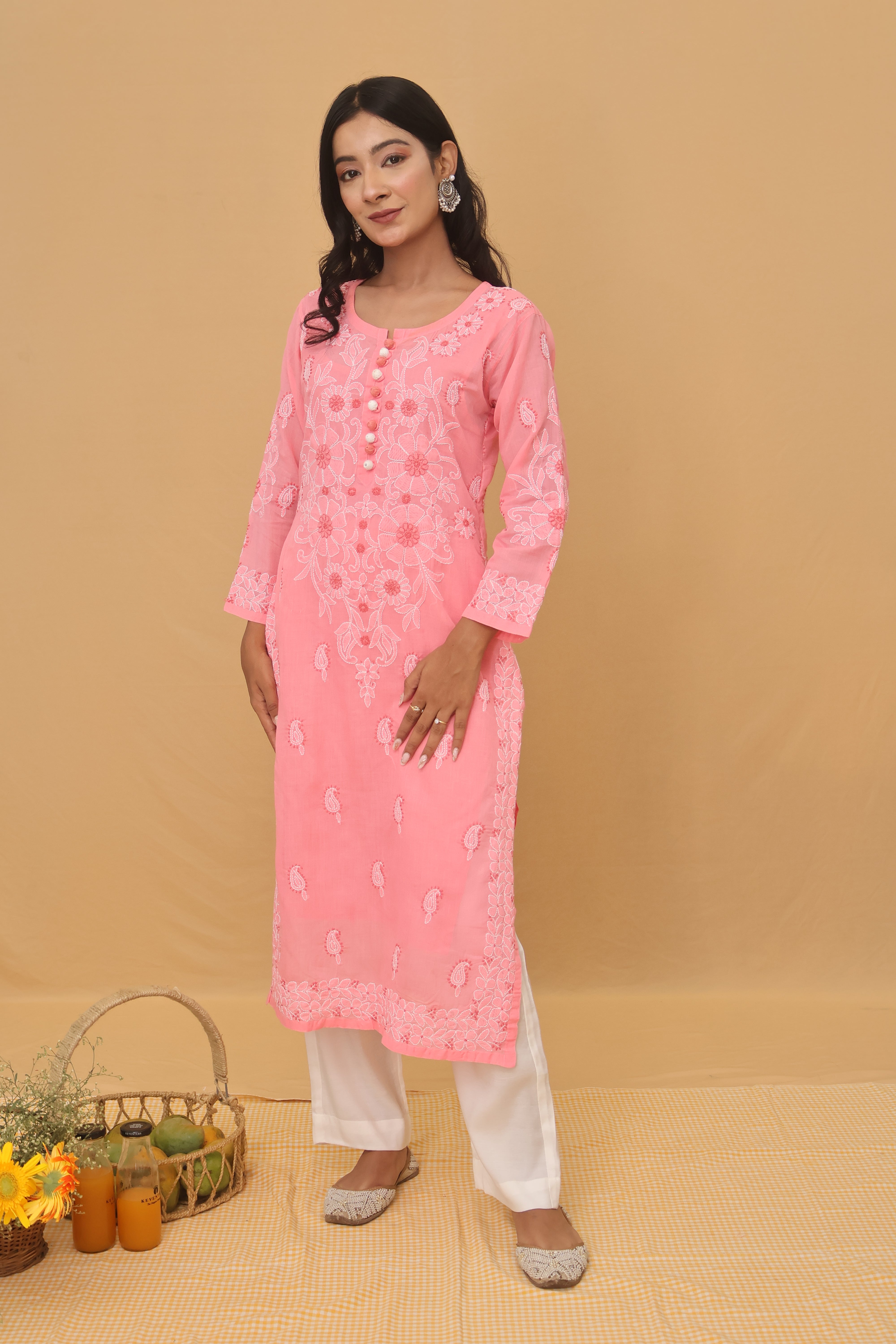 Pink Cotton Kurti with Buttons