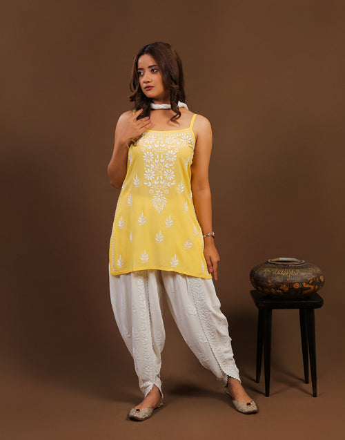 Urviya Chikankari Modal Short Kurti - Spaghetti Strap Top Yellow