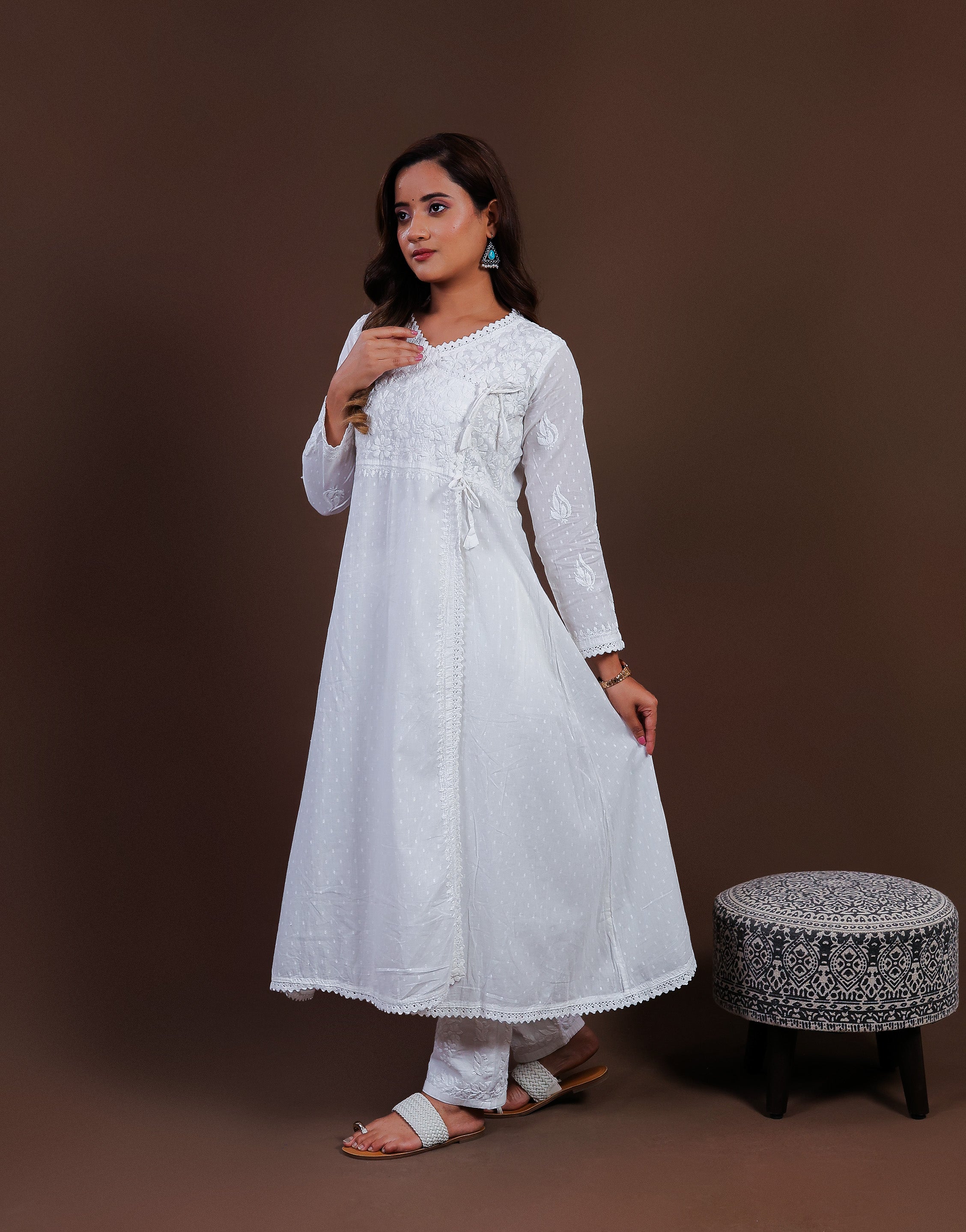 Urviya Chikankari Dobbie Cotton Long Kurti Angarkha Style White