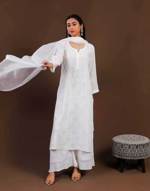 Urviya Chikankari Long Kurti Muslin White - Katdaana & Jaal Work