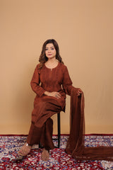 Brown Chanderi Short Kurti 2 Piece Set
