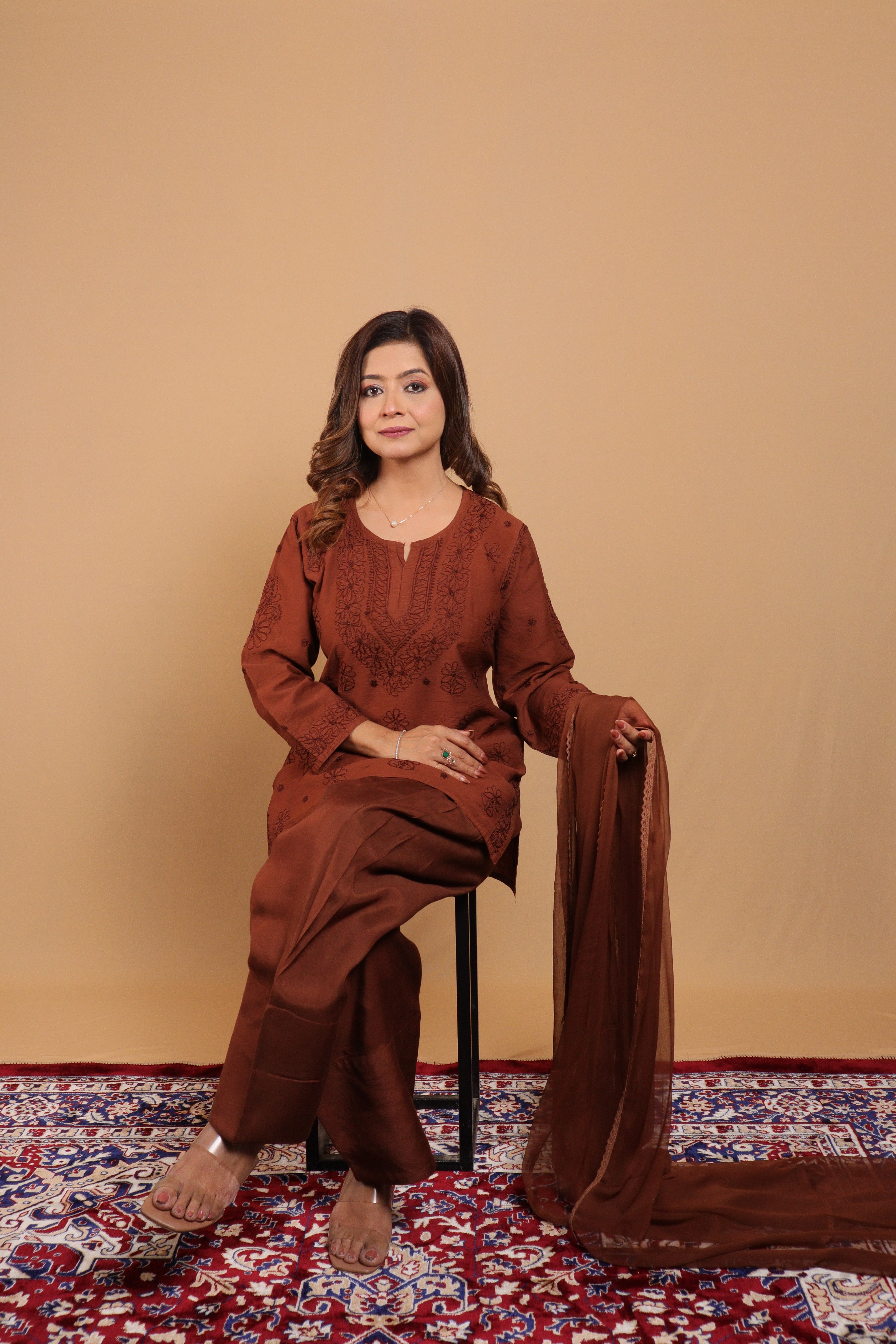 Brown Chanderi Short Kurti 2 Piece Set