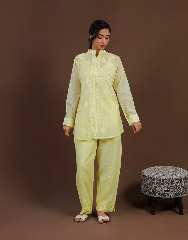 Urviya Chikankari Co-ord Set Maheshwari Cotton Lemon Yellow