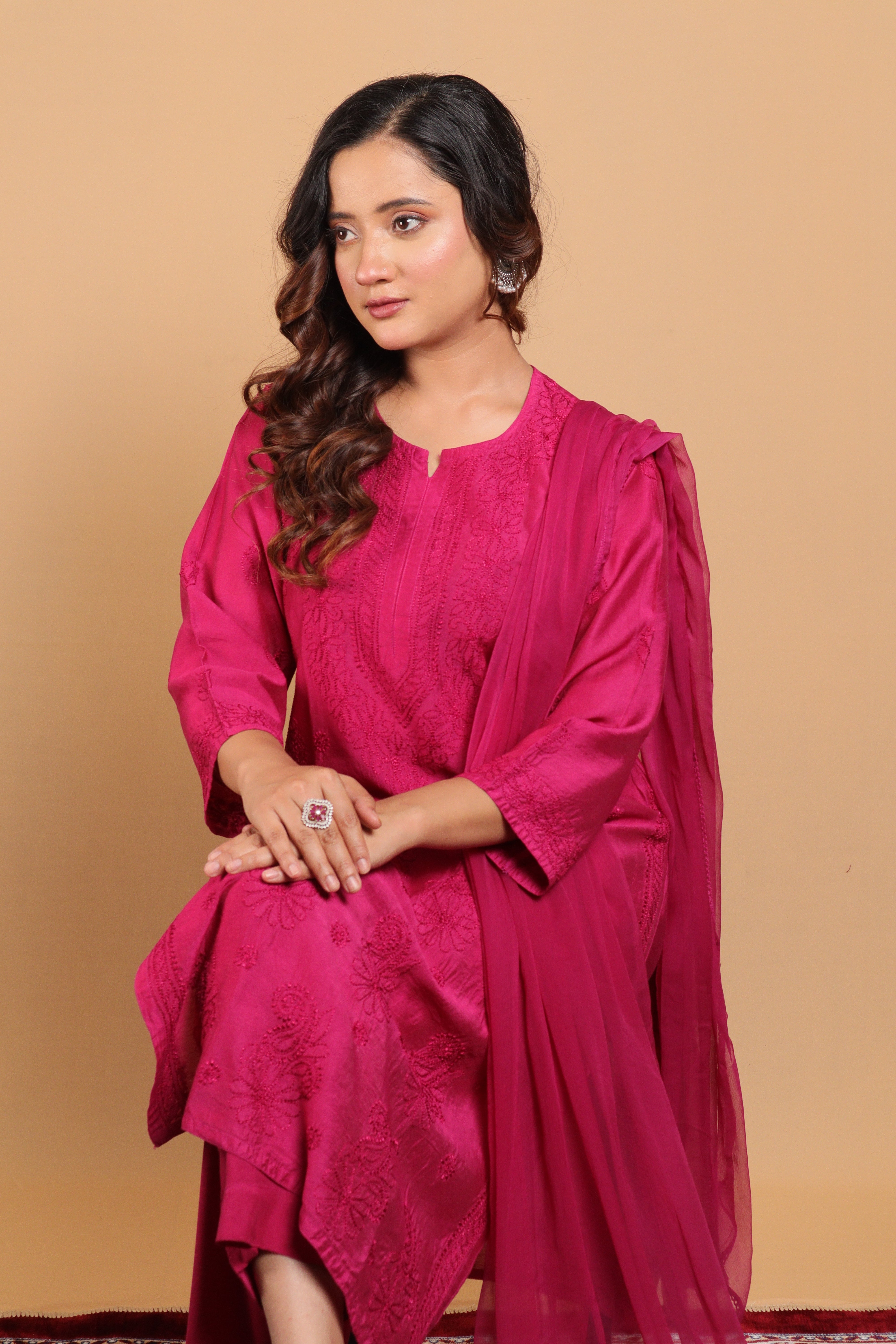 Purple Chanderi Long Kurti 3 Piece Set