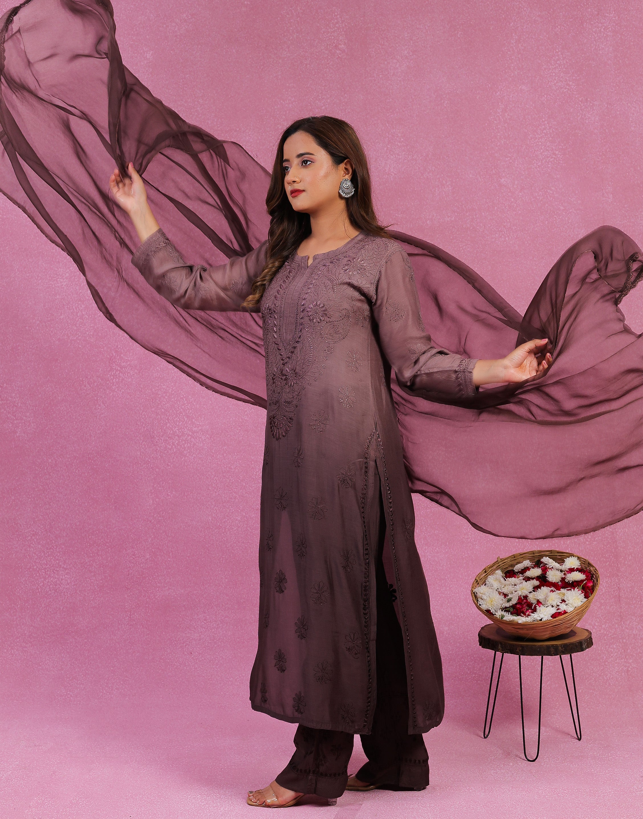 Urviya Chikankari Muslin 3 piece set - Bakhiya Ghaaspatti Work and Gala Ombre Brown