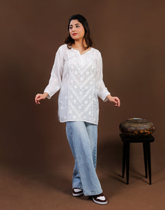 White Muslin Chikankari Short Kurti with Daraj Work