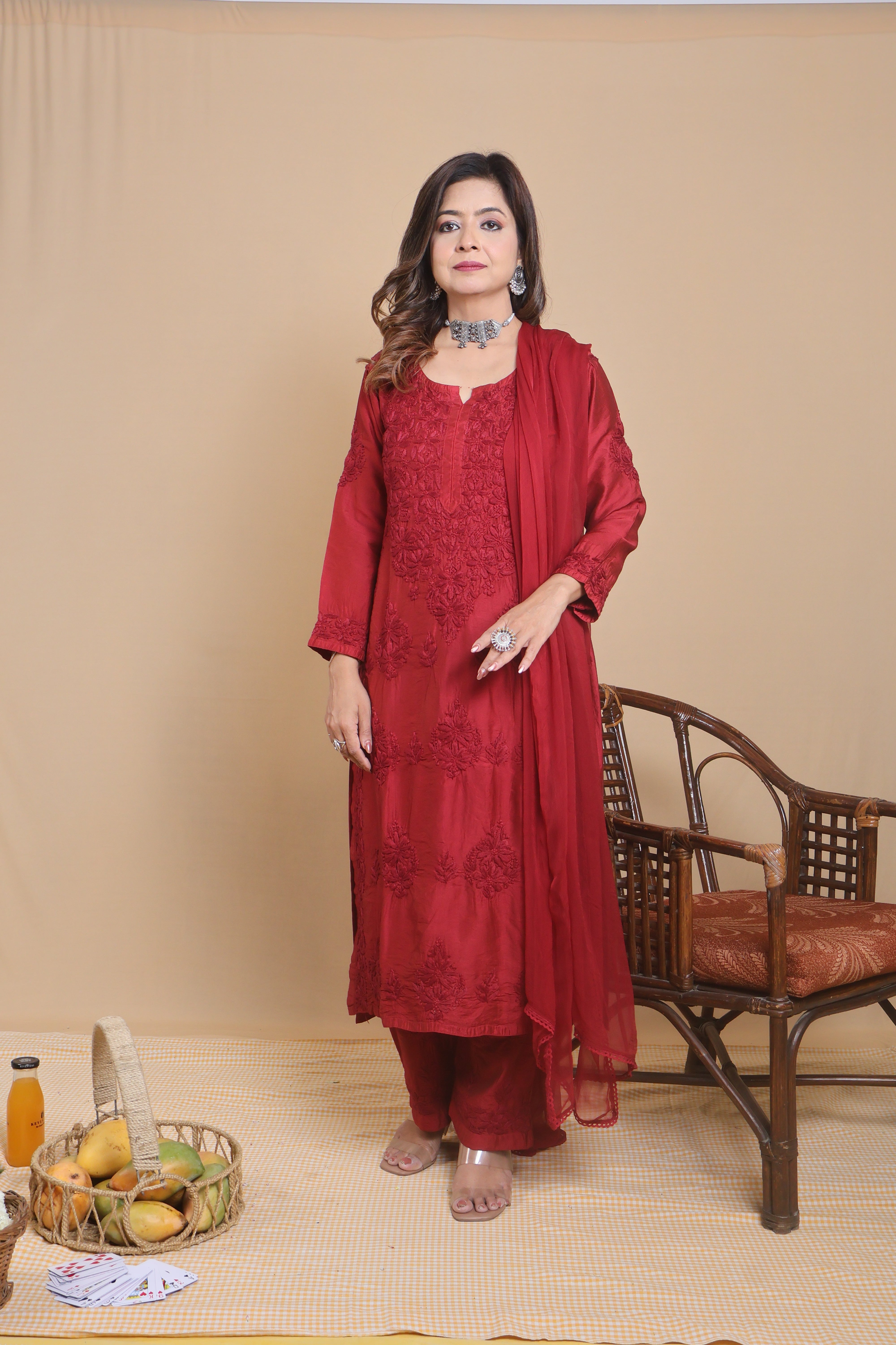 Red Chanderi Ghaspatti 3 Piece Set