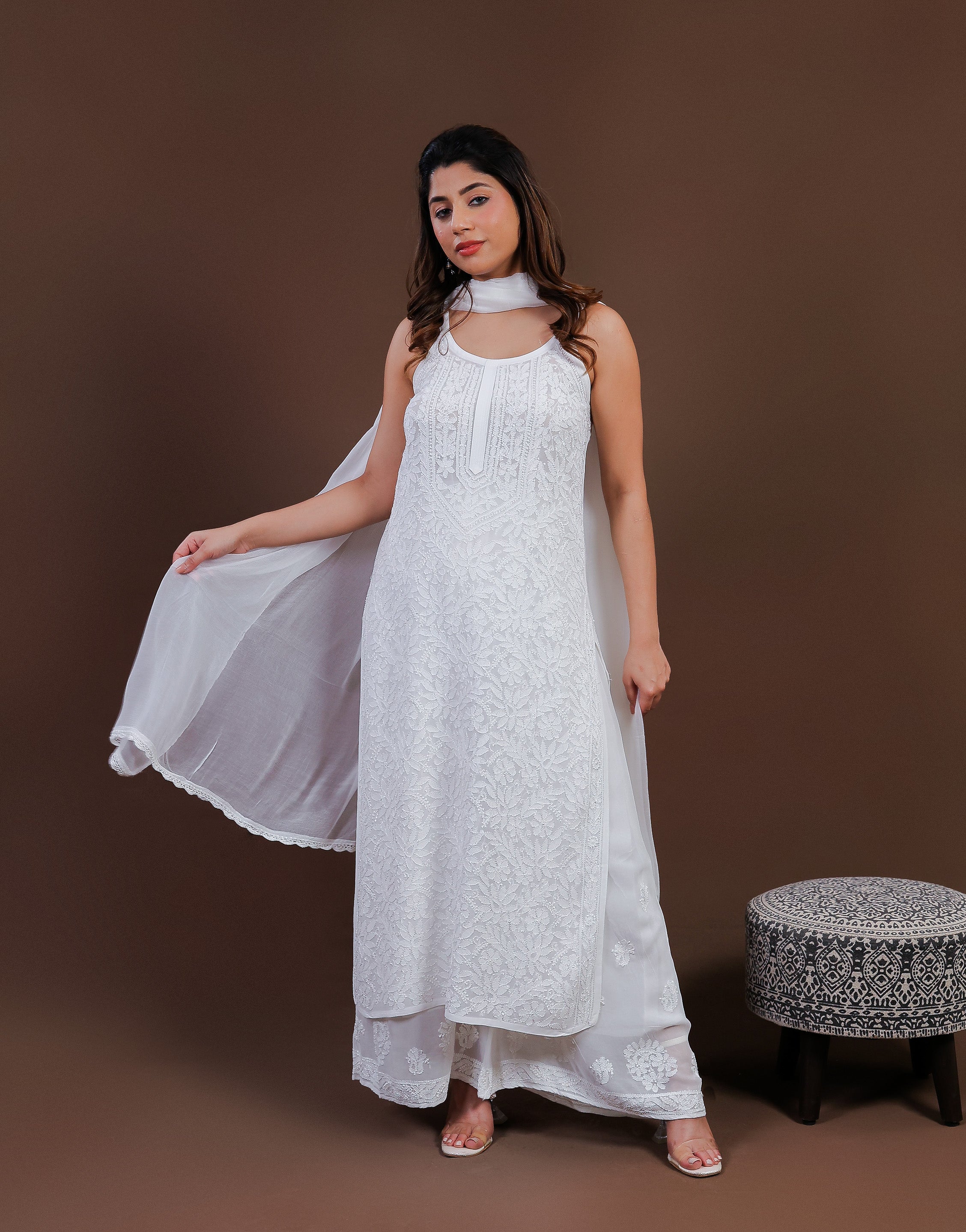 Urviya Chikankari Georgette 3 piece set - Long Spaghetti White