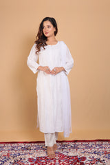 White Chanderi Long Kurti 2 Piece Set