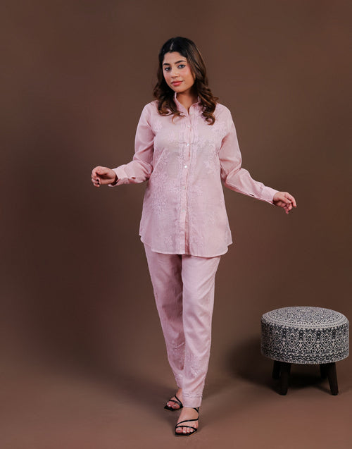 Urviya Chikankari Co-ord Set Maheshwari Cotton Light Pink