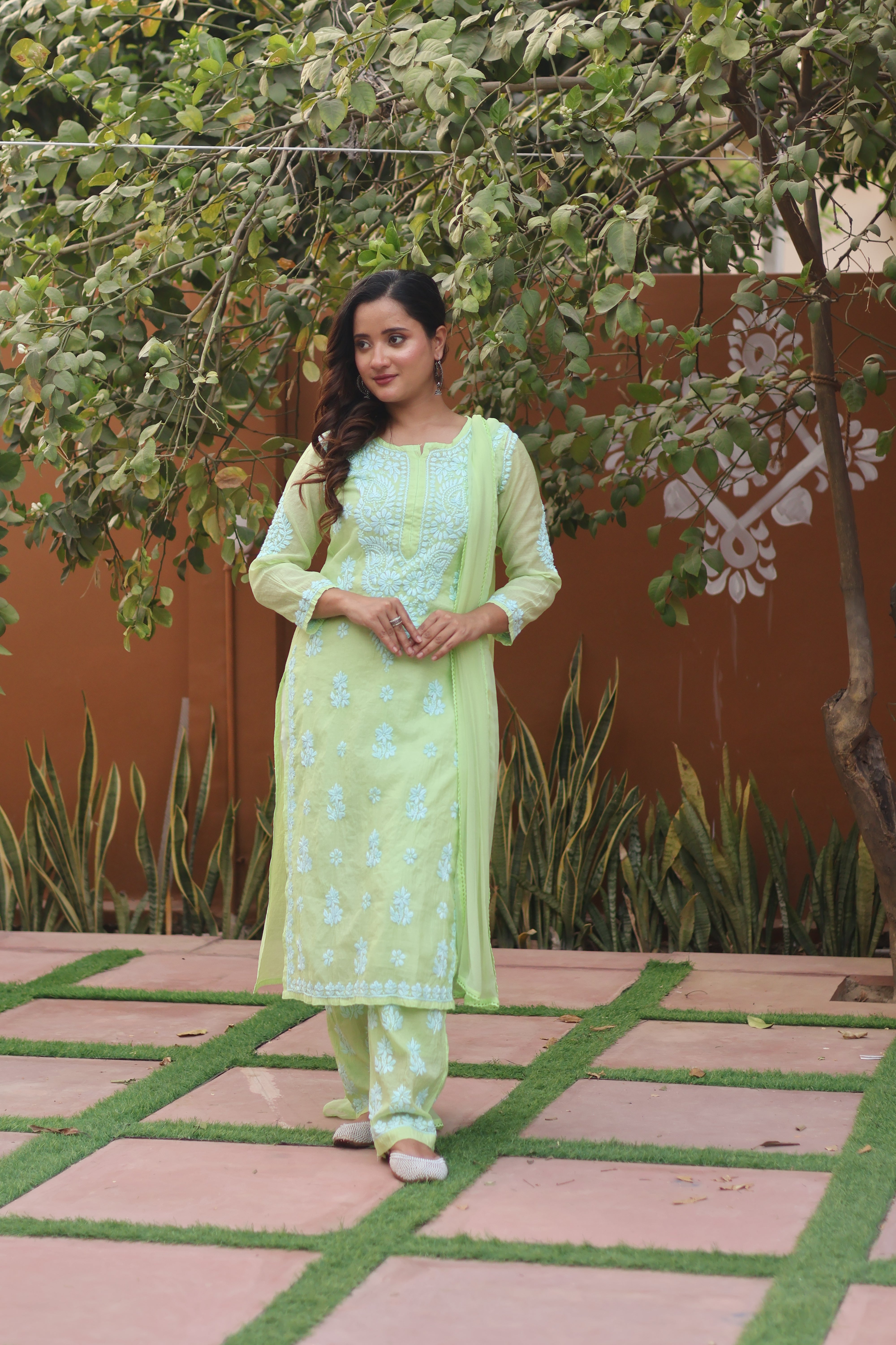 Green Mul Chanderi Ghaspatti 3 Piece Set
