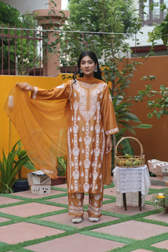 Mustard Chanderi White Thread Ghaaspatti 3 Piece Set