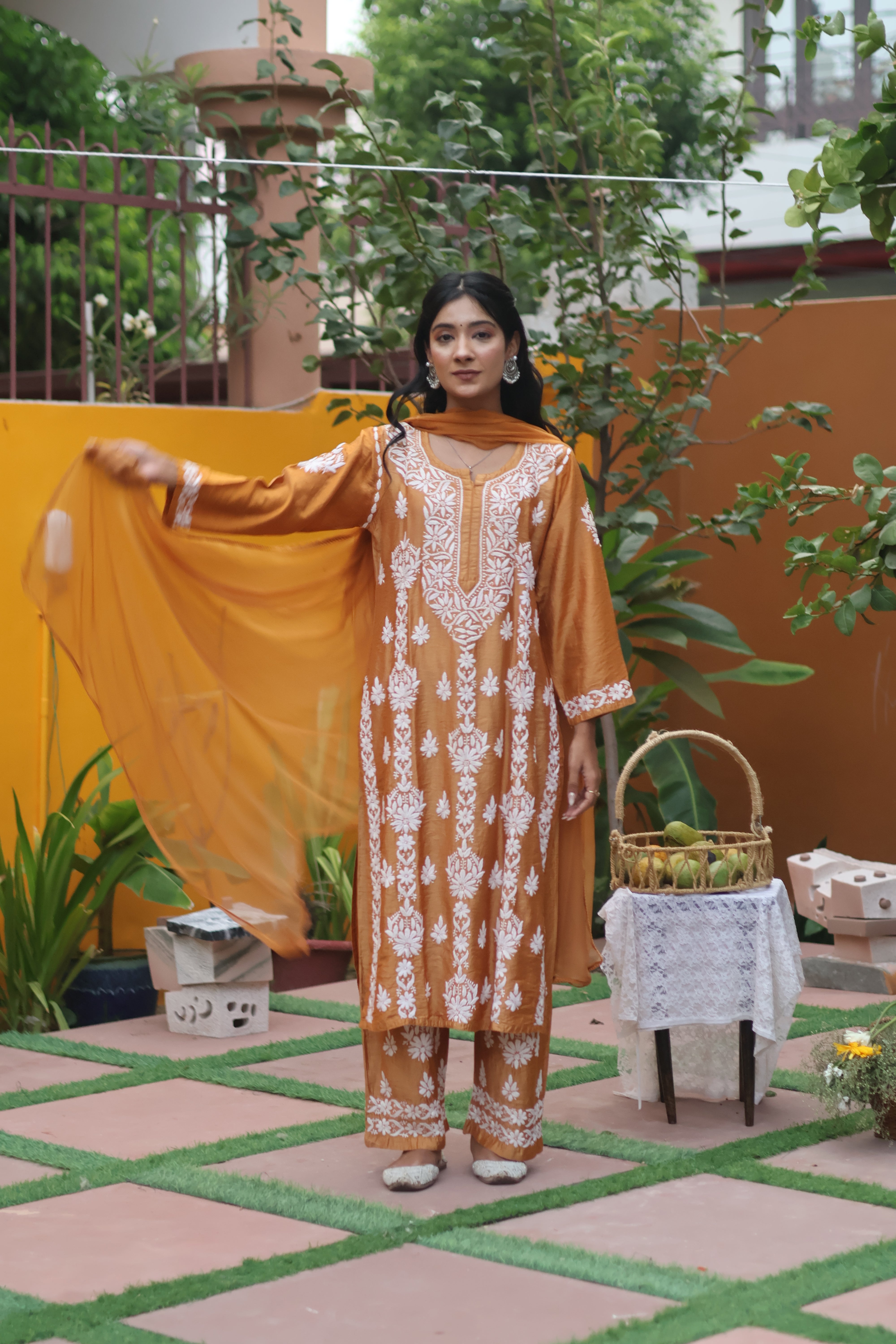 Mustard Chanderi White Thread Ghaaspatti 3 Piece Set