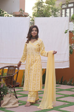 Yellow Angarkha Cotton 3 Piece Set
