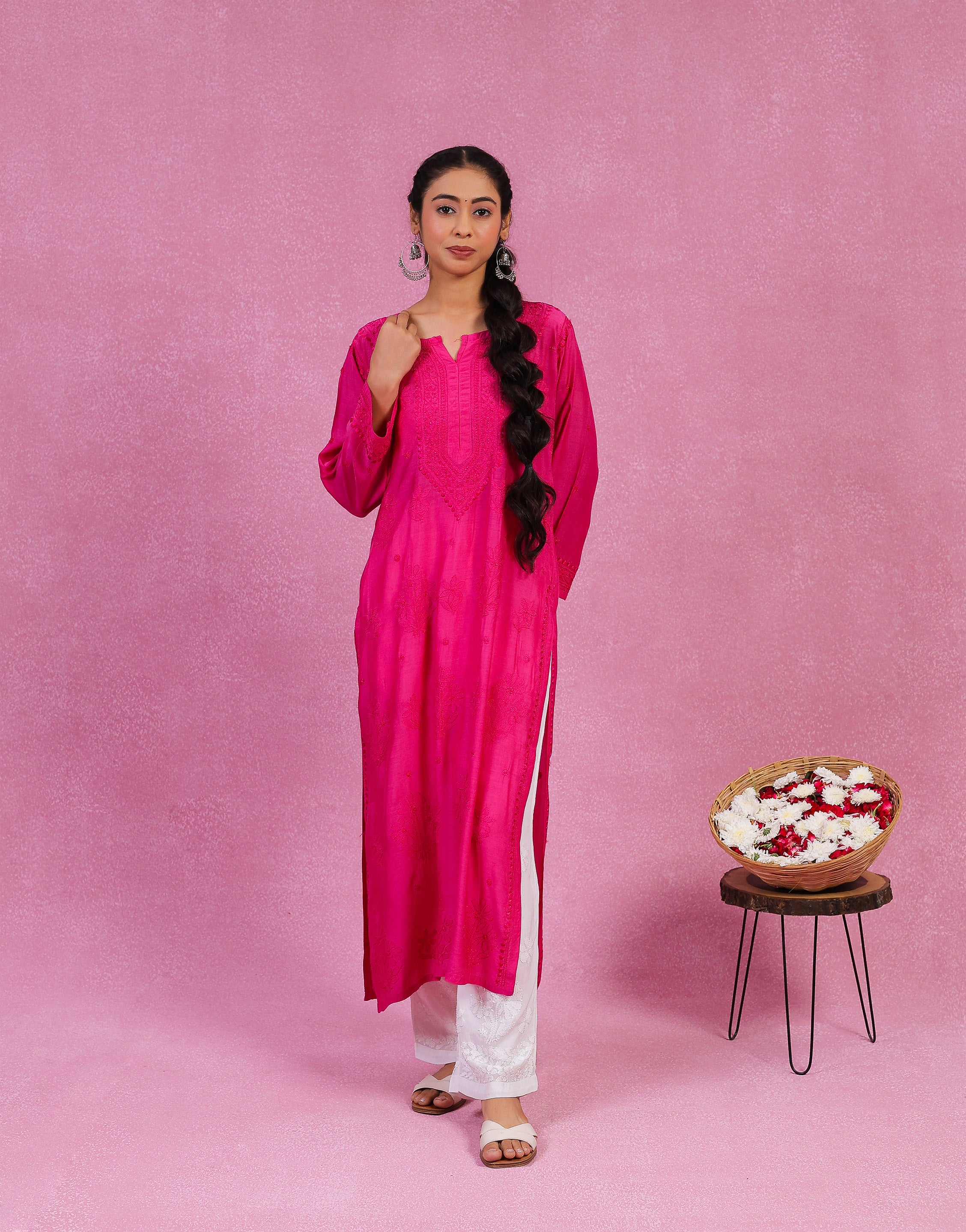 Urviya Chikankari Muslin Long Kurti - Ghaspatti Gala Bakhiya Boota Hot Pink