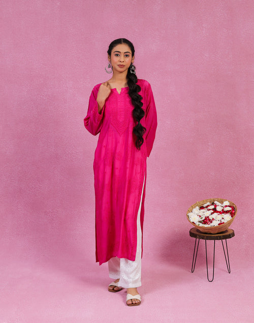 Urviya Chikankari Muslin Long Kurti - Ghaspatti Gala Bakhiya Boota