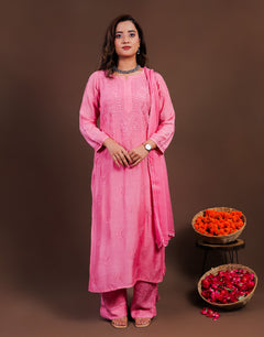 Pink Muslin 3 Piece Kurta Set