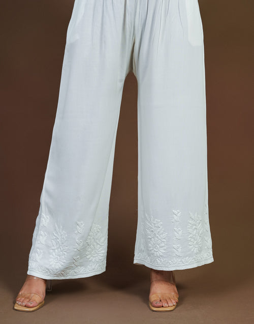 Urviya Chikankari Rayon Bottoms - Pallazo White