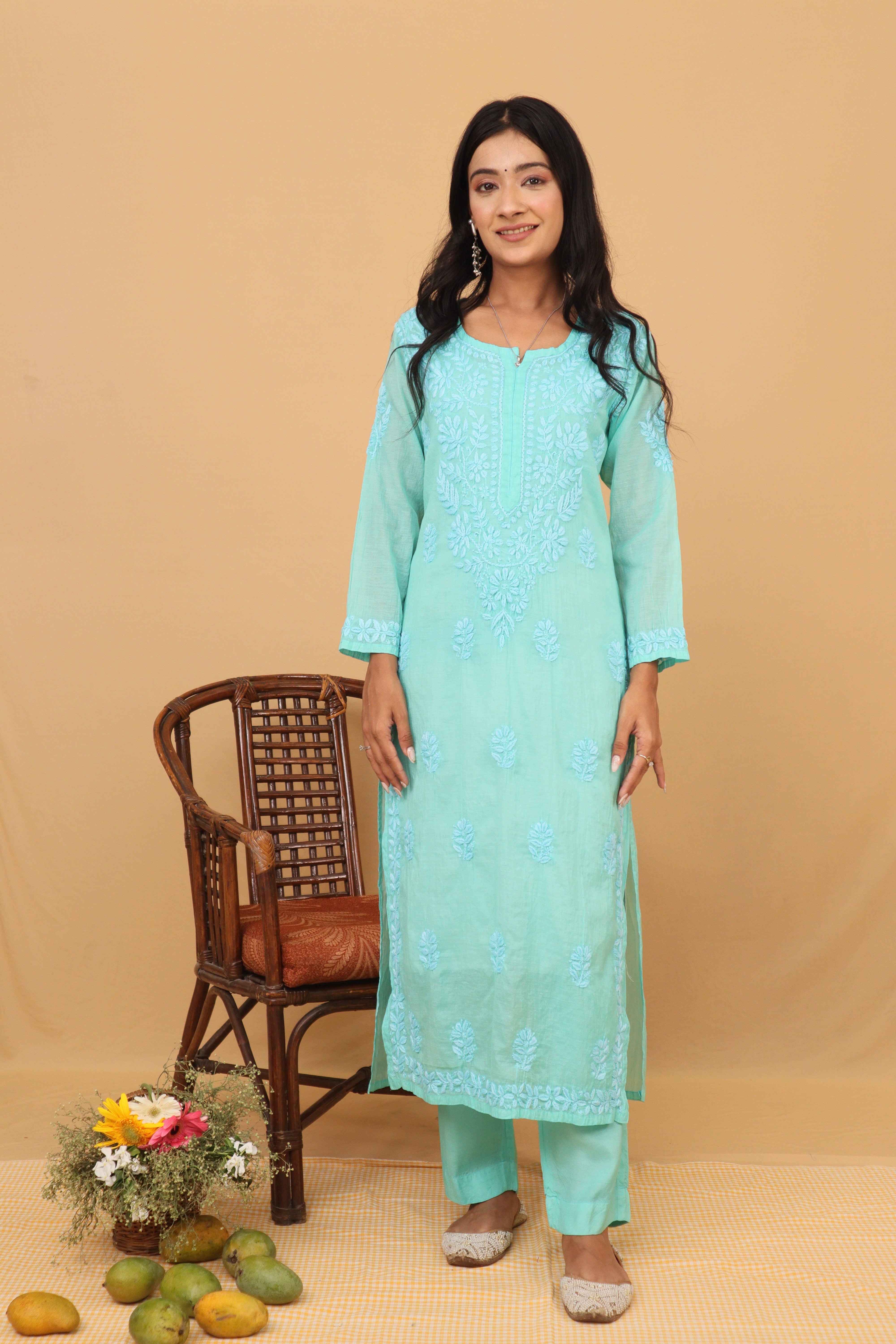 Sea Blue Mul Chanderi Long Kurti 3 Piece Set