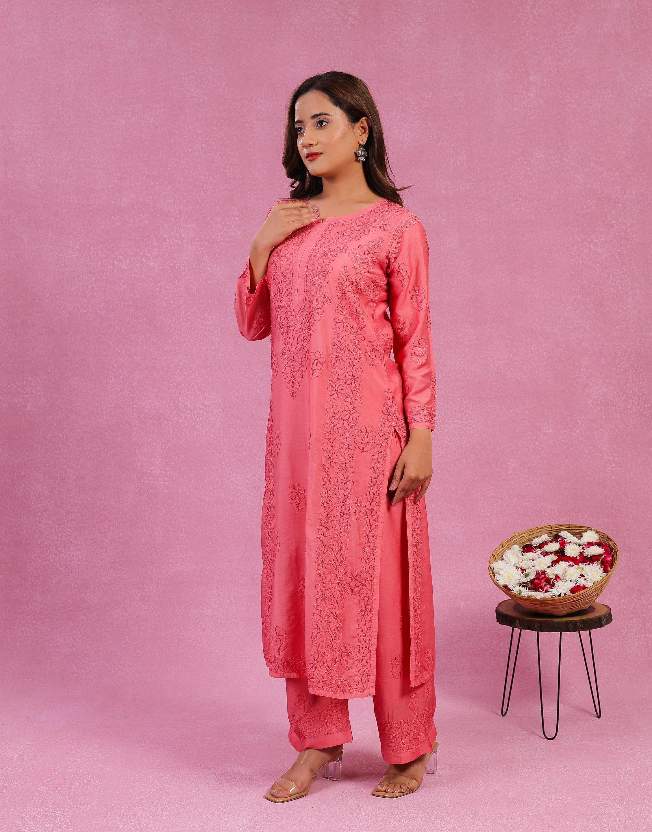 Urviya Chikankari Chanderi 2 piece Set Pink
