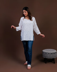 White Muslin Chikankari Short Kurti with Full Jaal Work