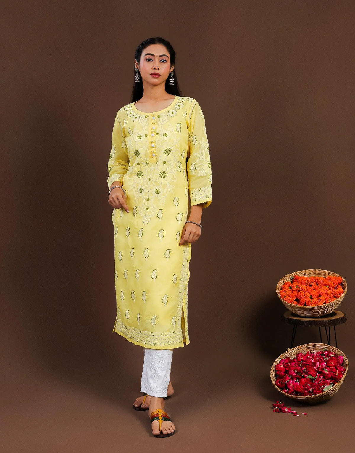 Yellow Cotton Coloured thread Long Kurti