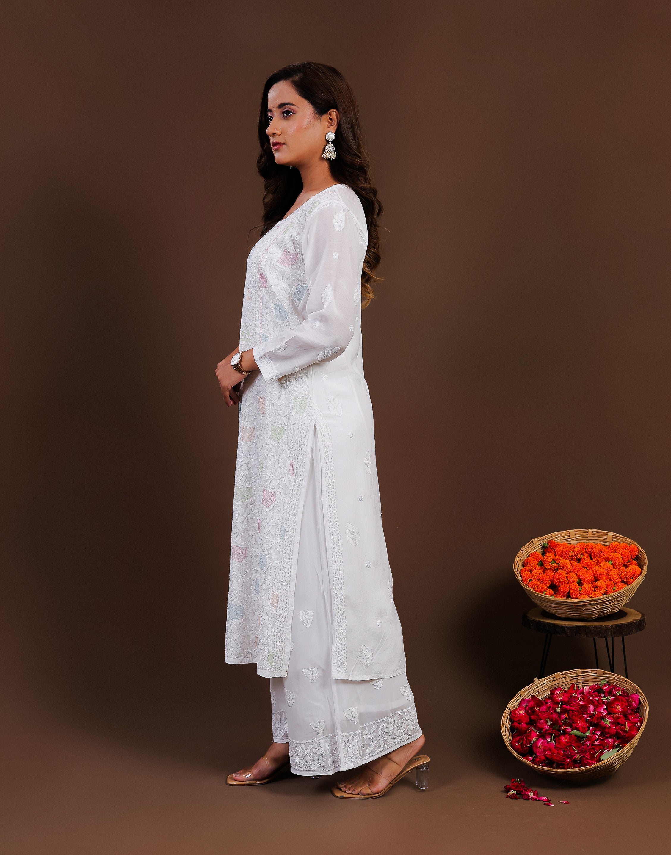 Urviya Chikankari Long Kurti Muslin - Cutdana & Colourful Jaal