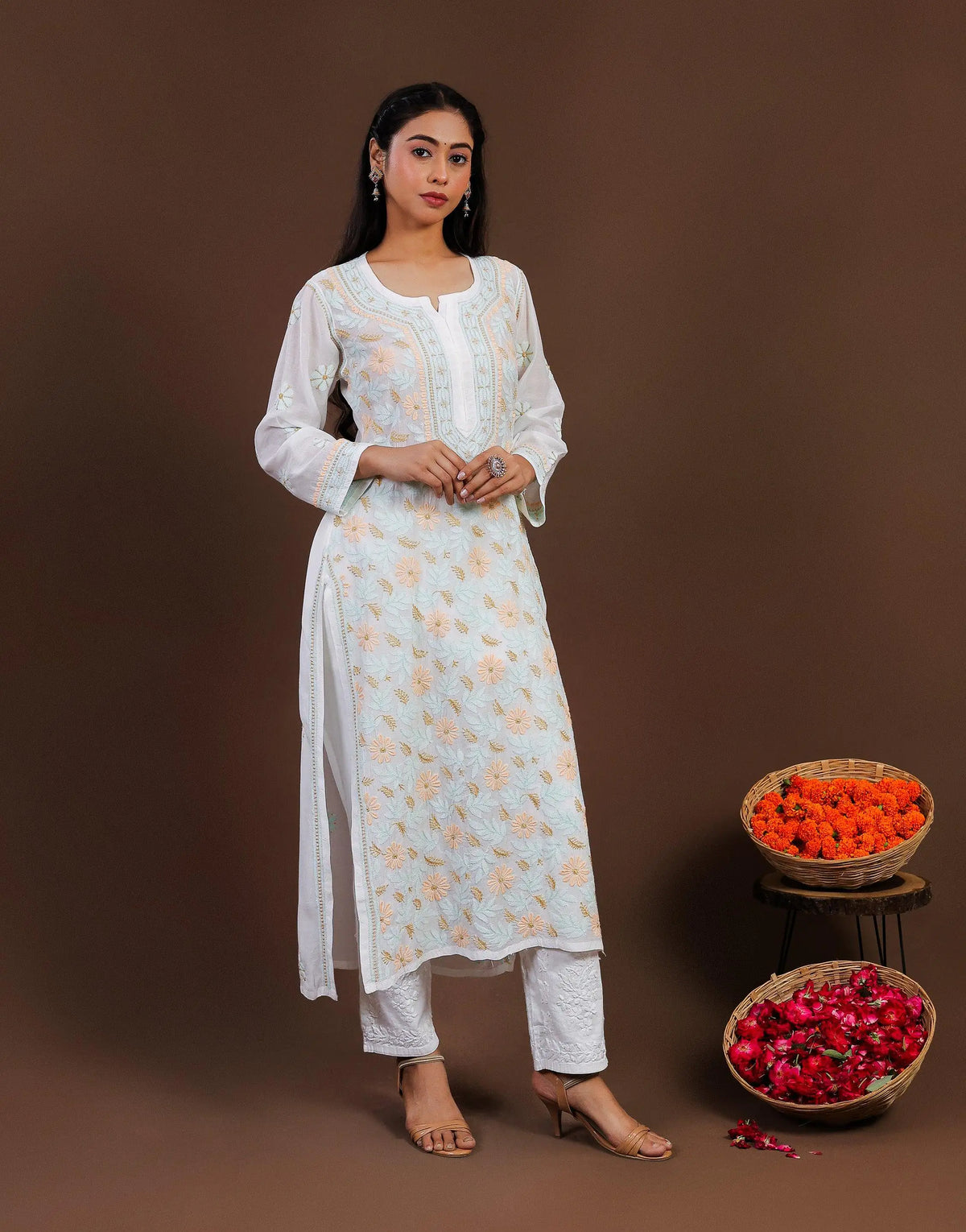 Light Blue Muslin Coloured Thread Long Kurti