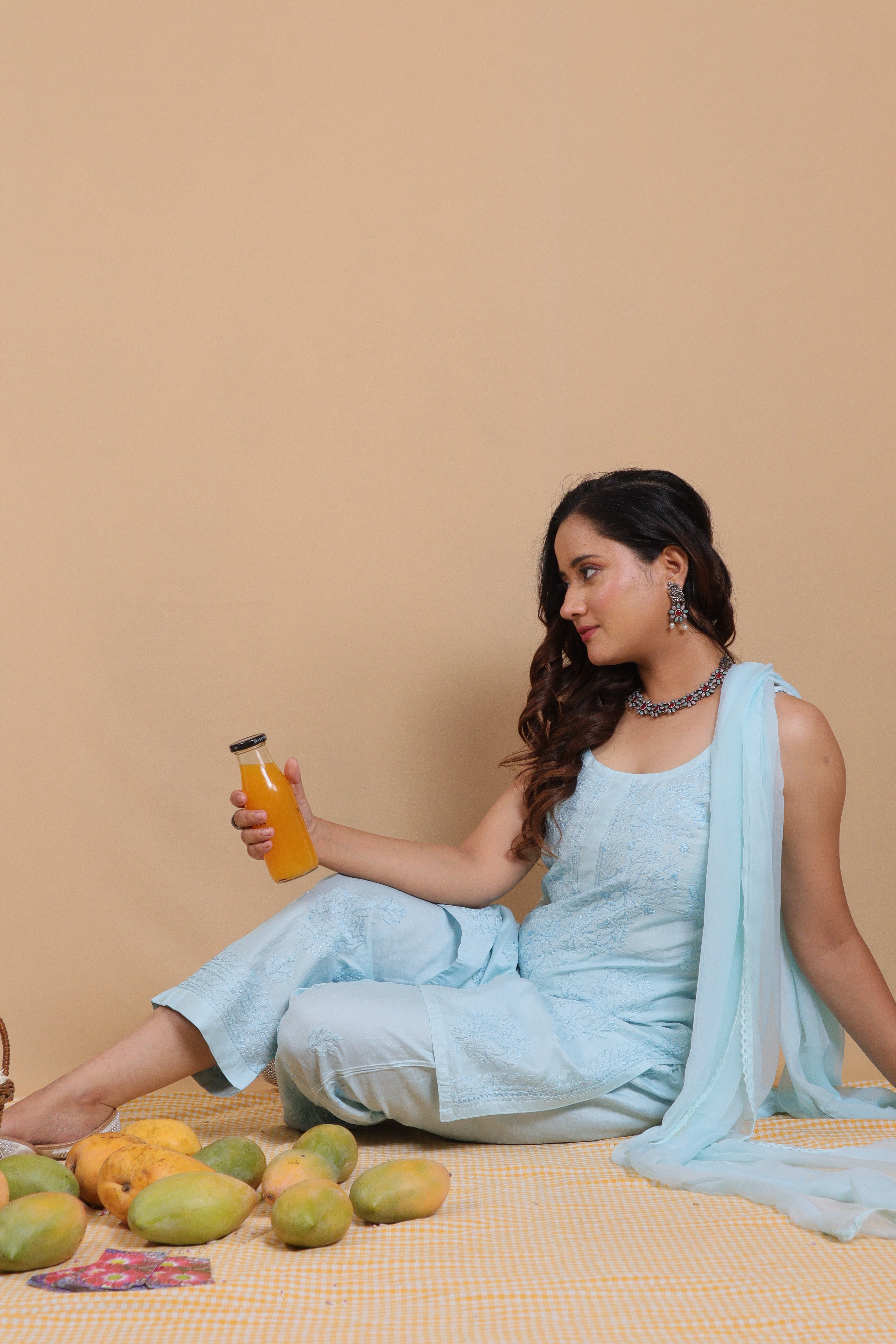 Blue Chanderi Spaghetti Bakhiya 3 Piece Set